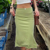 Fresh Green High Waist Midi Skirts Y2K Aesthetic Streetwear Sexy Bodycon Slit Summer White Bow Straight Skirts Women Outfits Aiertu