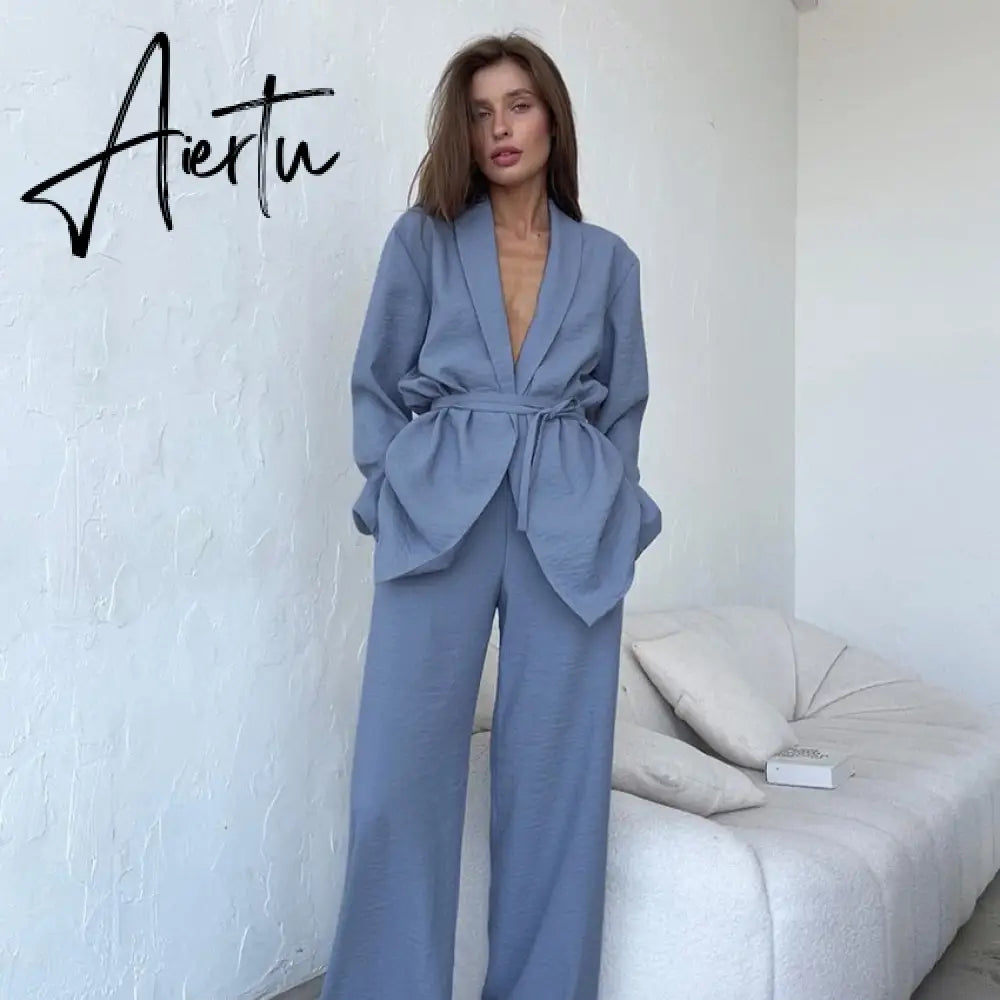 Full Sleeves Pajamas For Women Robe Suits With Pants Wide Leg Solid Loose Sets Womens Outfits Home Suit Sleep Clothes Aiertu