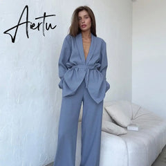 Full Sleeves Pajamas For Women Robe Suits With Pants Wide Leg Solid Loose Sets Womens Outfits Home Suit Sleep Clothes Aiertu