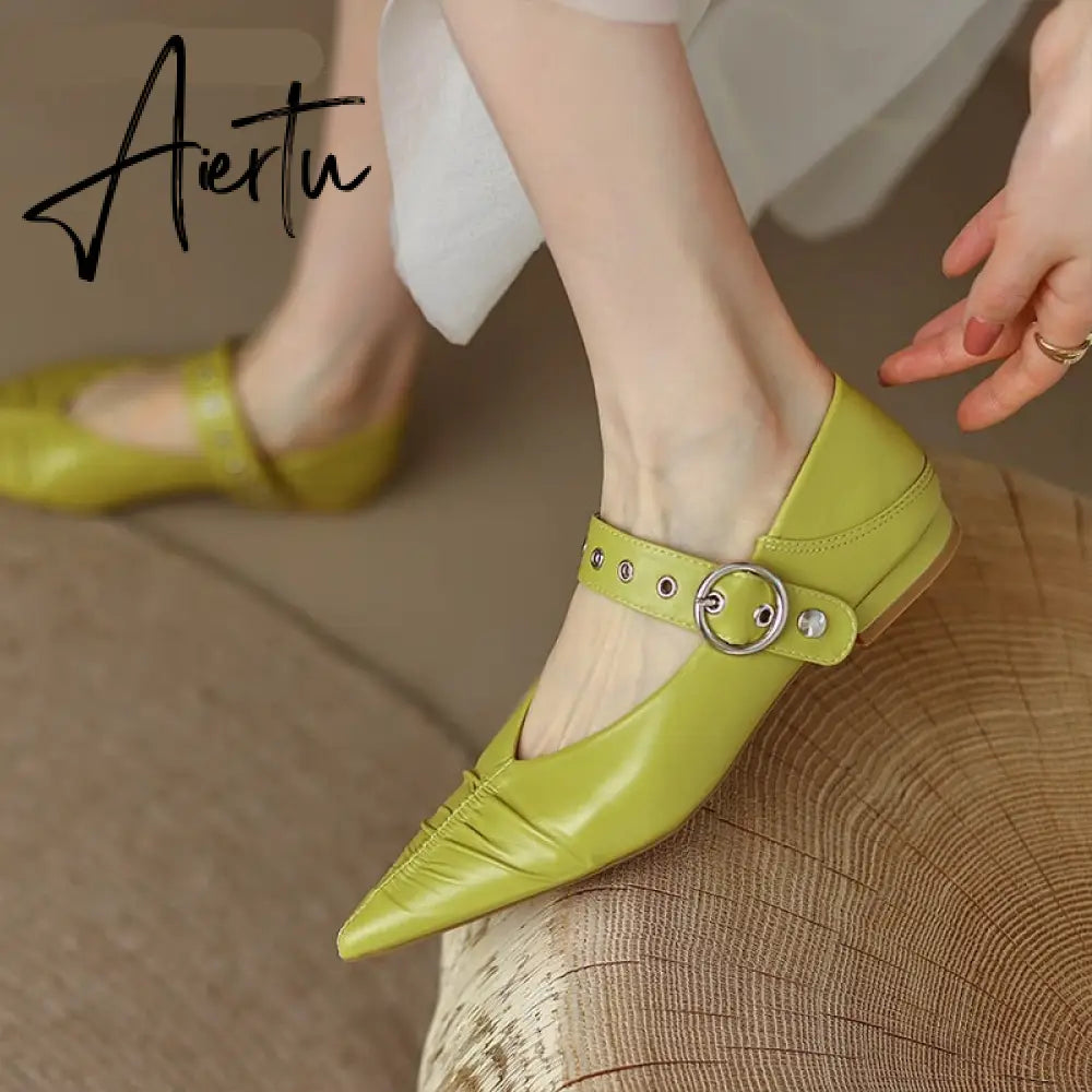 Genuine Leather Mary Jane Women's Shoes Fashion Retro Buckle Shallow Pumps Pointed Toe Low-heel Handmade Shoes Woman Size 34-40 Aiertu