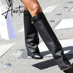 Genuine Leather Shark Lock Boots Metal Decor Belt Knee High Botas Mujer Wedges Women's Shoes Ladies High Heel Knee Boots Female Aiertu