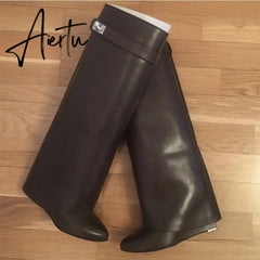 Genuine Leather Shark Lock Boots Metal Decor Belt Knee High Botas Mujer Wedges Women's Shoes Ladies High Heel Knee Boots Female Aiertu