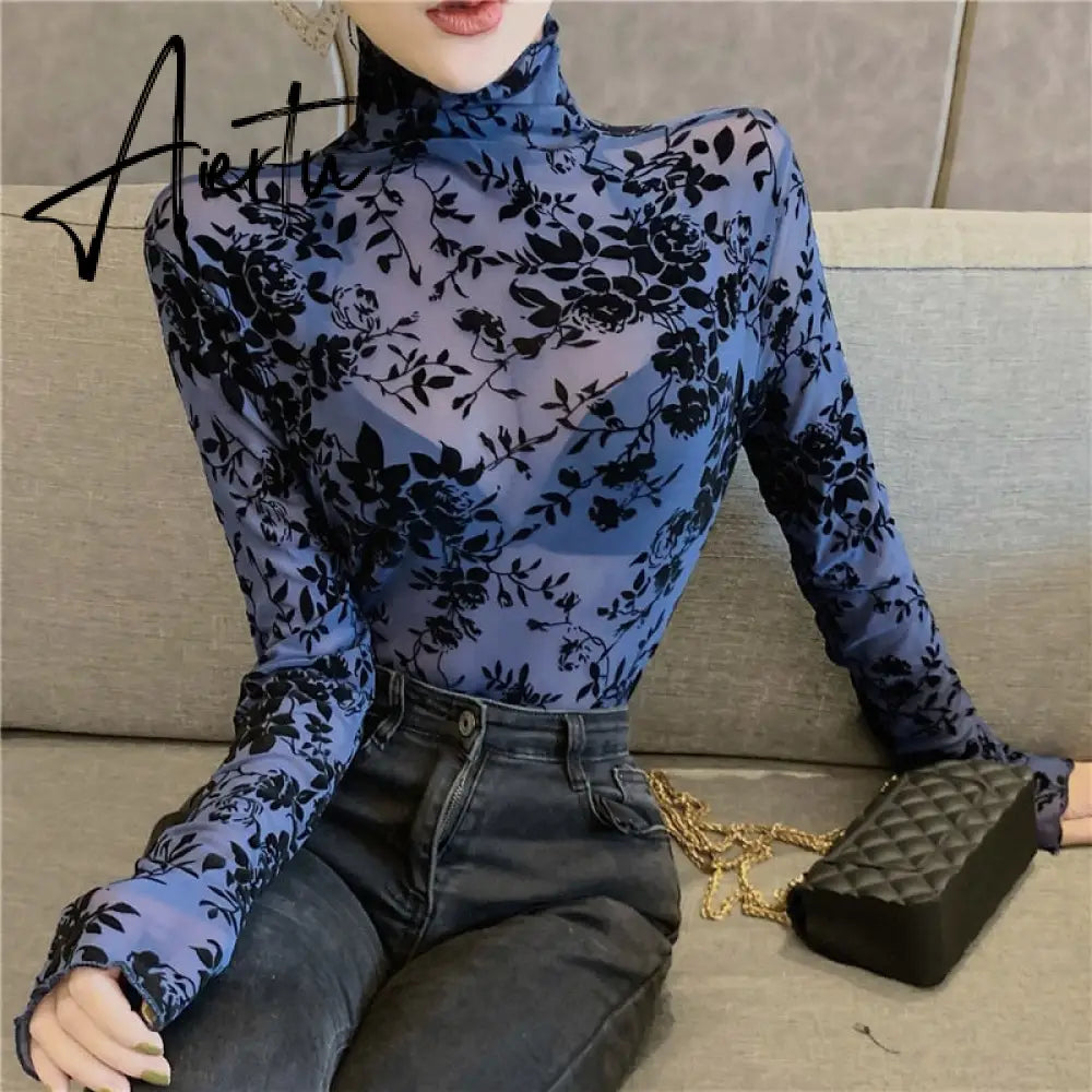 Girls Transparent Flocking Mesh Blouses Shirts Tees Female Turtleneck Sexy Full Sleeve Blouses Tops For Women Aiertu