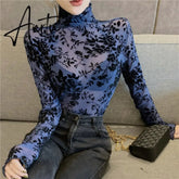 Girls Transparent Flocking Mesh Blouses Shirts Tees Female Turtleneck Sexy Full Sleeve Blouses Tops For Women Aiertu