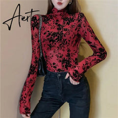 Girls Transparent Flocking Mesh Blouses Shirts Tees Female Turtleneck Sexy Full Sleeve Blouses Tops For Women Aiertu