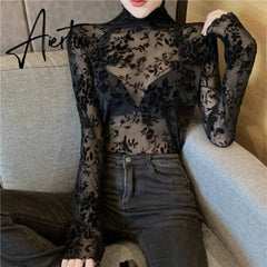 Girls Transparent Flocking Mesh Blouses Shirts Tees Female Turtleneck Sexy Full Sleeve Blouses Tops For Women Aiertu
