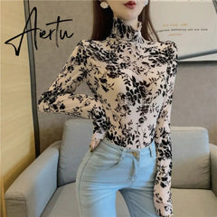 Girls Transparent Flocking Mesh Blouses Shirts Tees Female Turtleneck Sexy Full Sleeve Blouses Tops For Women Aiertu