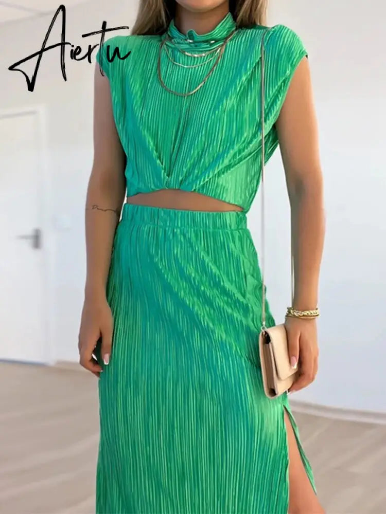 Glitter Material Pleated Skirt Set 2 Pcs Women Outfits Summer Slit Maxi Long Dress Set Stand Collar Sleevleess Party Suit Casual Aiertu