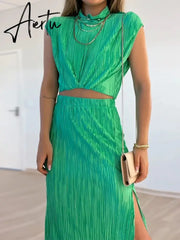 Glitter Material Pleated Skirt Set 2 Pcs Women Outfits Summer Slit Maxi Long Dress Set Stand Collar Sleevleess Party Suit Casual Aiertu