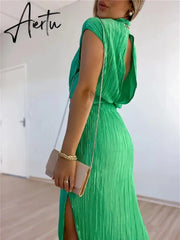 Glitter Material Pleated Skirt Set 2 Pcs Women Outfits Summer Slit Maxi Long Dress Set Stand Collar Sleevleess Party Suit Casual Aiertu