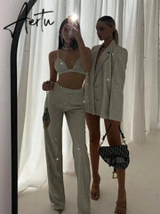 Glitter Silver Party Two Piece Pants Set Women Club Night Outfits Fashion Sparkly Blazer Matching Sets Femme Tracksuit Aiertu