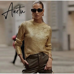 Gold Color O Neck Sweaters Women Fashion Long Sleeve Bright Silk Knit Pullover Female Autumn Elegant Office Ladies Loose Jumpers Aiertu