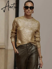 Gold Color O Neck Sweaters Women Fashion Long Sleeve Bright Silk Knit Pullover Female Autumn Elegant Office Ladies Loose Jumpers Aiertu