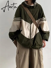 Gorpcore Vintage Hooded Jacket Women Japanese Style Quick Dry Green Outerwear Oversized Harajuku Retro Patchwork Brown Top Aiertu