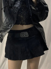 Goth Denim Cargo Skirts With Shorts Streetwear Women Fashion Summer Low Rise A-Line Pleated Skirts Y2k Aesthetic Outfits Aiertu