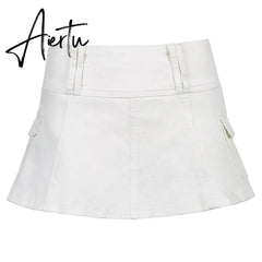 Goth Denim Cargo Skirts With Shorts Streetwear Women Fashion Summer Low Rise A-Line Pleated Skirts Y2k Aesthetic Outfits Aiertu
