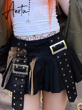 Gothic A-line Pleated Skirt Streetwear y2k Low Rise Stitched Ribbon Loose Black Skirts for Women Punk Style Outfits Chic Aiertu