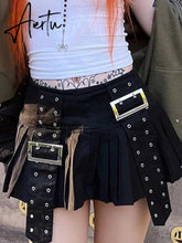 Gothic A-line Pleated Skirt Streetwear y2k Low Rise Stitched Ribbon Loose Black Skirts for Women Punk Style Outfits Chic Aiertu