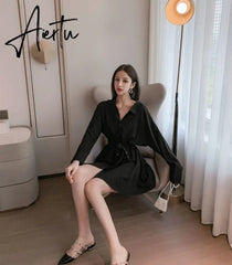 Gothic Black Women Dress Long Sleeve Fall Solid Simple Elegant Goth Casual Sexy A Line Short Dresses Vintage Aiertu