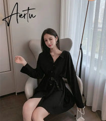 Gothic Black Women Dress Long Sleeve Fall Solid Simple Elegant Goth Casual Sexy A Line Short Dresses Vintage Aiertu