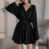 Gothic Black Women Dress Long Sleeve Fall Solid Simple Elegant Goth Casual Sexy A Line Short Dresses Vintage Aiertu