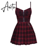 Gothic Girls Plaid Pleated Punk Dress Preppy Style Red Black Spaghetti Strap Sexy Sleeveless Mini Short Dresses Goth Streetwear Aiertu