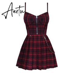 Gothic Girls Plaid Pleated Punk Dress Preppy Style Red Black Spaghetti Strap Sexy Sleeveless Mini Short Dresses Goth Streetwear Aiertu