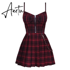 Gothic Girls Plaid Pleated Punk Dress Preppy Style Red Black Spaghetti Strap Sexy Sleeveless Mini Short Dresses Goth Streetwear Aiertu