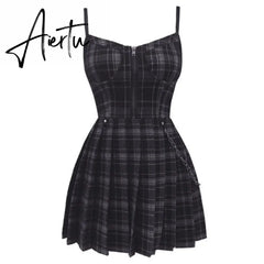 Gothic Girls Plaid Pleated Punk Dress Preppy Style Red Black Spaghetti Strap Sexy Sleeveless Mini Short Dresses Goth Streetwear Aiertu