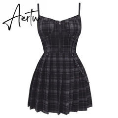 Gothic Girls Plaid Pleated Punk Dress Preppy Style Red Black Spaghetti Strap Sexy Sleeveless Mini Short Dresses Goth Streetwear Aiertu