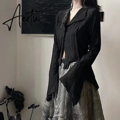 Gothic Women Black Shirts Korean Dark Academic Female Designed Irregular Tops Spring Fashion Streetwear Y2K Blouse Aiertu