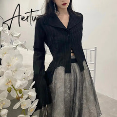 Gothic Women Black Shirts Korean Dark Academic Female Designed Irregular Tops Spring Fashion Streetwear Y2K Blouse Aiertu