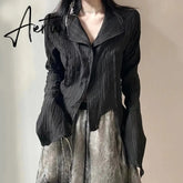 Gothic Women Black Shirts Korean Dark Academic Female Designed Irregular Tops Spring Fashion Streetwear Y2K Blouse Aiertu