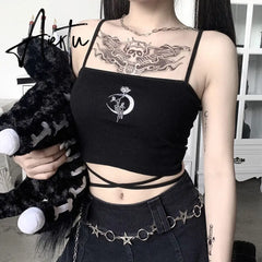 Gothic Women's Print Suspender Sleeveless Square Neck Slim Crop Top Sexy Halter Bottoming Shirt Girls Party Wear Aiertu