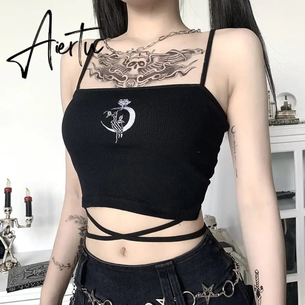 Gothic Women's Print Suspender Sleeveless Square Neck Slim Crop Top Sexy Halter Bottoming Shirt Girls Party Wear Aiertu