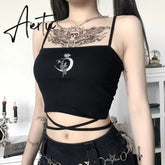 Gothic Women's Print Suspender Sleeveless Square Neck Slim Crop Top Sexy Halter Bottoming Shirt Girls Party Wear Aiertu