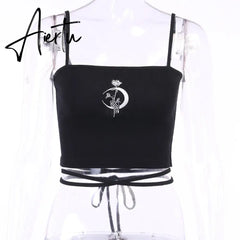 Gothic Women's Print Suspender Sleeveless Square Neck Slim Crop Top Sexy Halter Bottoming Shirt Girls Party Wear Aiertu