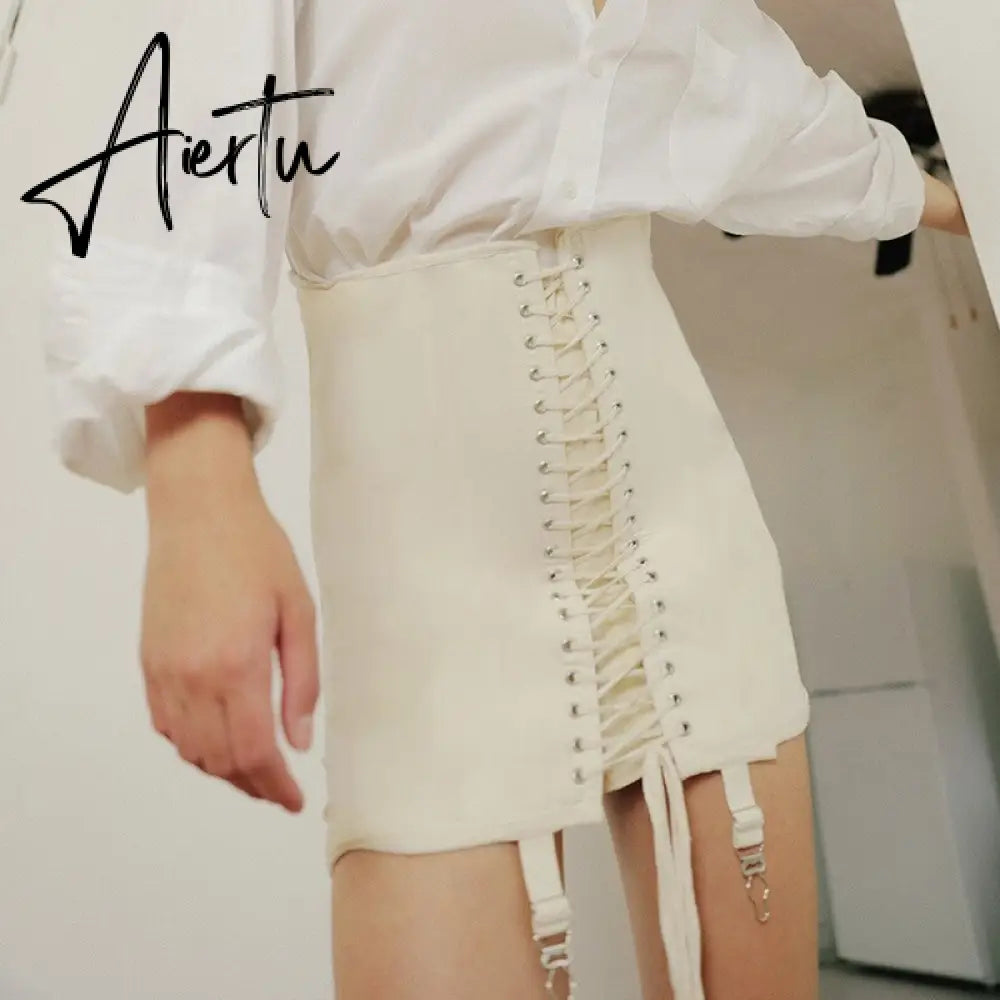 Gothic Y2K Vintage Mini Skirt Women Punk Patchwork Summer High Waist Skirt Bodycon Eyelet Lace Up Aesthetic Sexy Skirts Aiertu