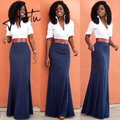 Graceful Navy Blue Long Mermaid Women Skirts Faldas Saia High Quality Invisible Zipper Floor Length Skirts Custom Made Maxi Saia Aiertu