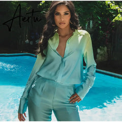 Gradient Color Two-Piece Pants Suits Women Pajamas Set Long Sleeve Lapel Button down Shirts+High Waist Long Pants Lady Outfit Aiertu
