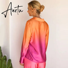 Gradient Color Two-Piece Pants Suits Women Pajamas Set Long Sleeve Lapel Button down Shirts+High Waist Long Pants Lady Outfit Aiertu