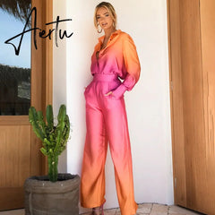 Gradient Color Two-Piece Pants Suits Women Pajamas Set Long Sleeve Lapel Button down Shirts+High Waist Long Pants Lady Outfit Aiertu