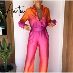 Gradient Color Two-Piece Pants Suits Women Pajamas Set Long Sleeve Lapel Button down Shirts+High Waist Long Pants Lady Outfit Aiertu