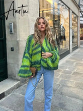 Green Stripe Crochet Knitted Cardigan Sweater Women's Lantern Sleeve Oversize Cardigan Coat Autumn Fashion Lady Streetwear Aiertu