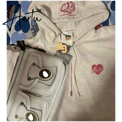 Grey Plush Women Sweatshirt Hoodie Vintage Letter Embroidery Long Sleeve Korean Fashion Casual Y2K Style Autumn Female Tops Aiertu