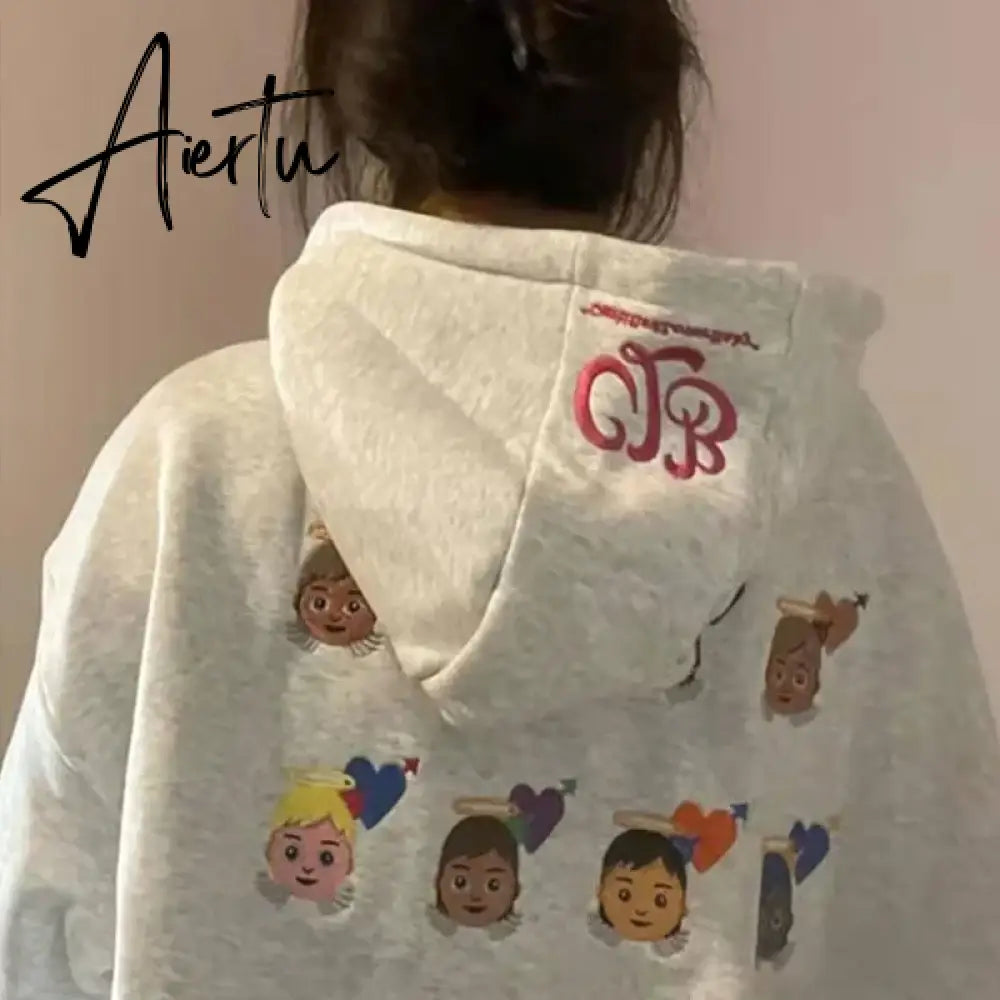 Grey Plush Women Sweatshirt Hoodie Vintage Letter Embroidery Long Sleeve Korean Fashion Casual Y2K Style Autumn Female Tops Aiertu