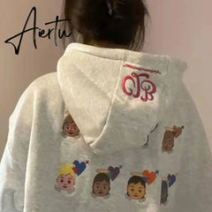 Grey Plush Women Sweatshirt Hoodie Vintage Letter Embroidery Long Sleeve Korean Fashion Casual Y2K Style Autumn Female Tops Aiertu