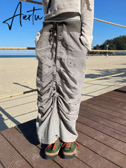 Grunge Drawstring Long Skirt y2k Streetwear Stitched Tie Up Loose Cargo Skirts for Women Harajuku Outfits Korean Fashion Aiertu