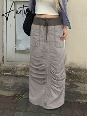 Grunge Drawstring Long Skirt y2k Streetwear Stitched Tie Up Loose Cargo Skirts for Women Harajuku Outfits Korean Fashion Aiertu