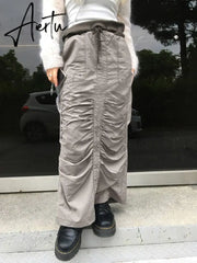Grunge Drawstring Long Skirt y2k Streetwear Stitched Tie Up Loose Cargo Skirts for Women Harajuku Outfits Korean Fashion Aiertu